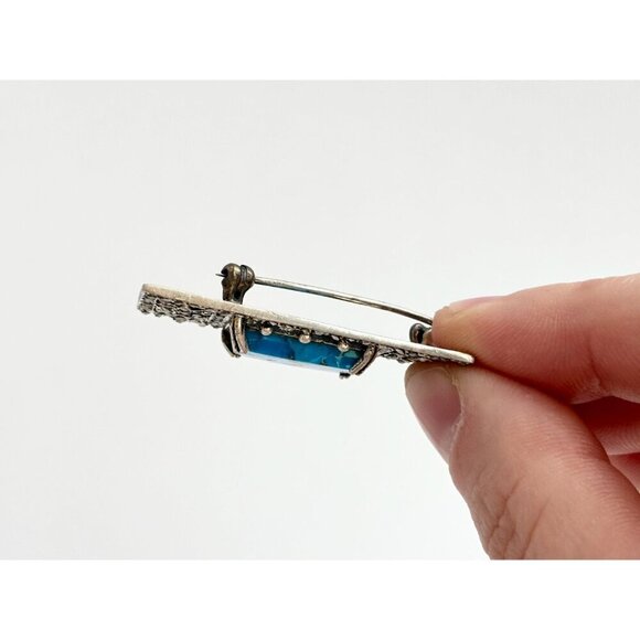 Art Deco Sterling Silver Natural Turquoise Marcasite Double Vintage Brooch Pin - Picture 10 of 10